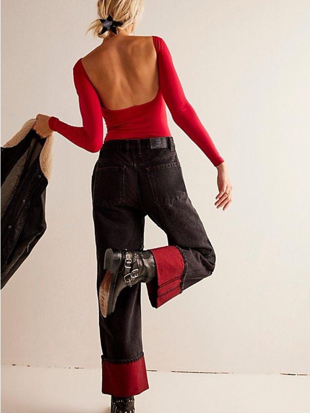NWT Free People Final Countdown Black Wide-Leg Baggy Jeans with Red Cuff - Picture 4 of 10